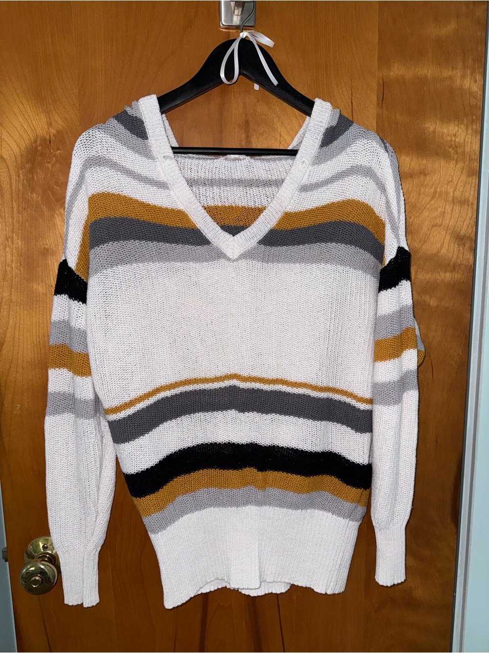 Maurices White V-Neck Sweater with Gray, Black & Mustard Stripes